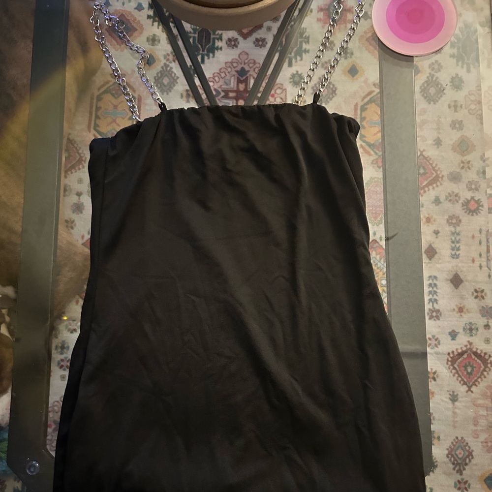 Mini black fashion nova dress with silver chain straps